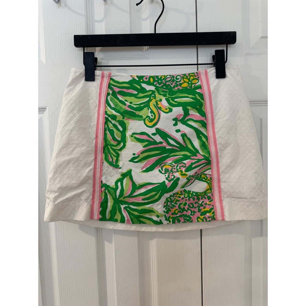 Lilly Pulitzer White Seersucker Tropical Floral Mini Skirt Pink Green Size 6